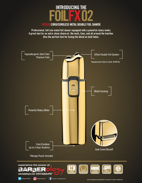BabylissPro Gold FoilFX02 Cordless Metal Double Foil Shaver # FXFS2G (Dual Voltage) | Palms